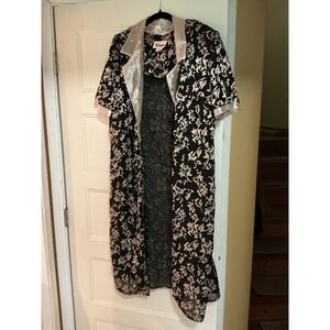 Positive Influence Vintage Damask Duster Cardigan Black Silver Sheer‎ Longline L